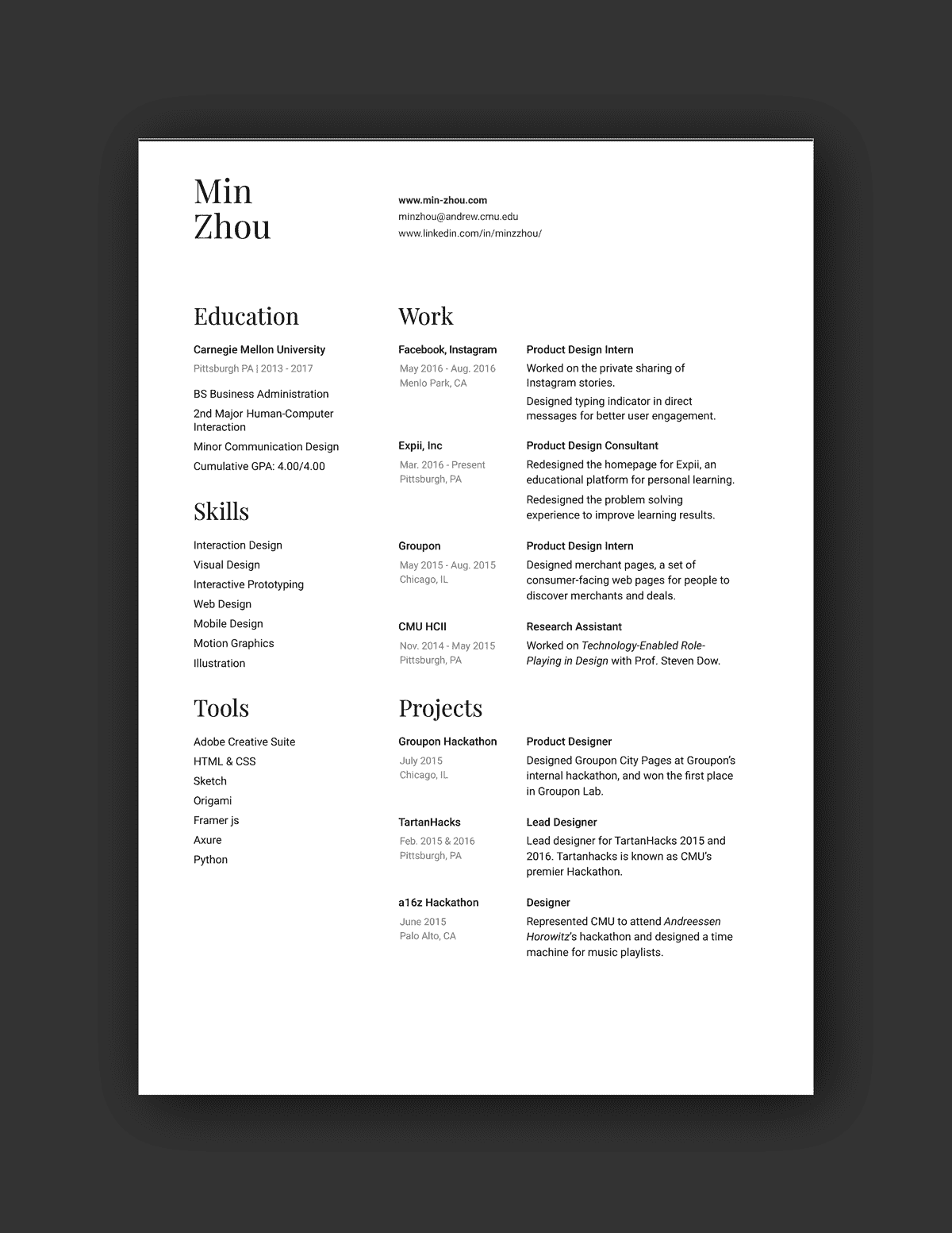 Min Zhou resume example