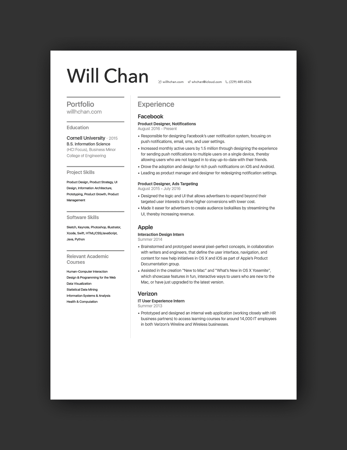 Will Chan resume example