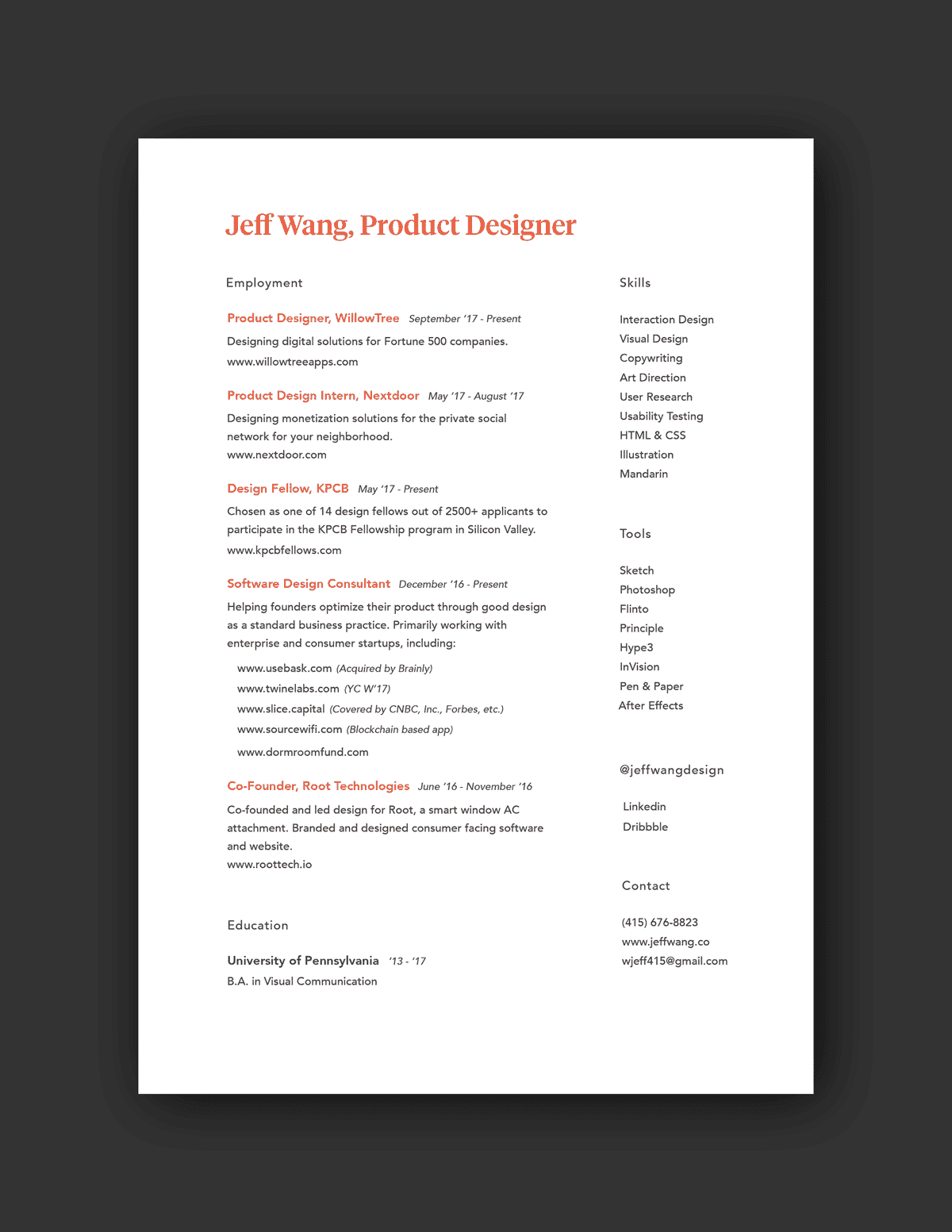 Jeff Wang resume example