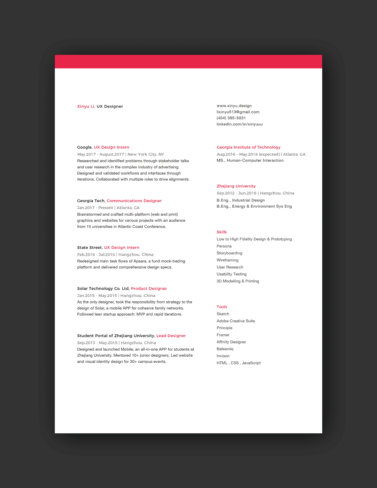 Xinyu Li resume example