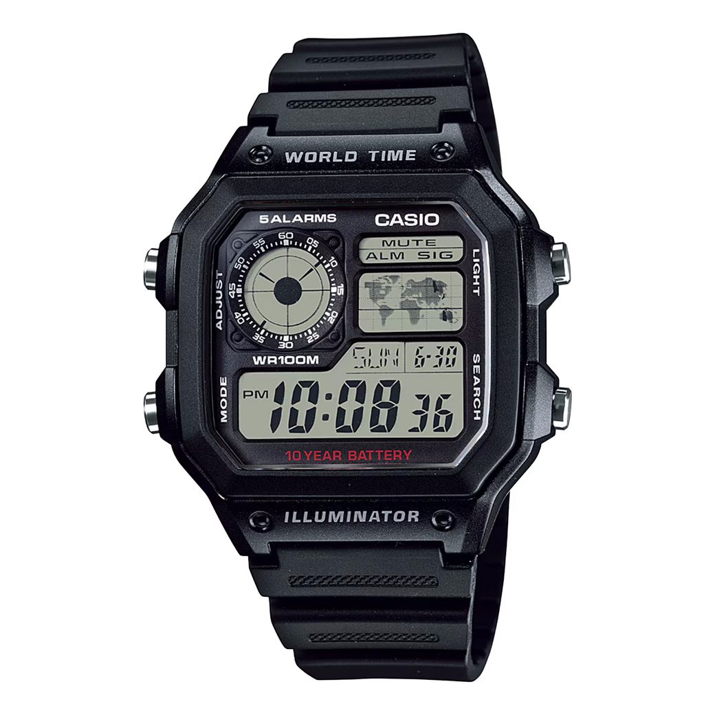A Casio AE-1200 digital watch face showing world time, set in Eurostile and Neue Helvetica Extended