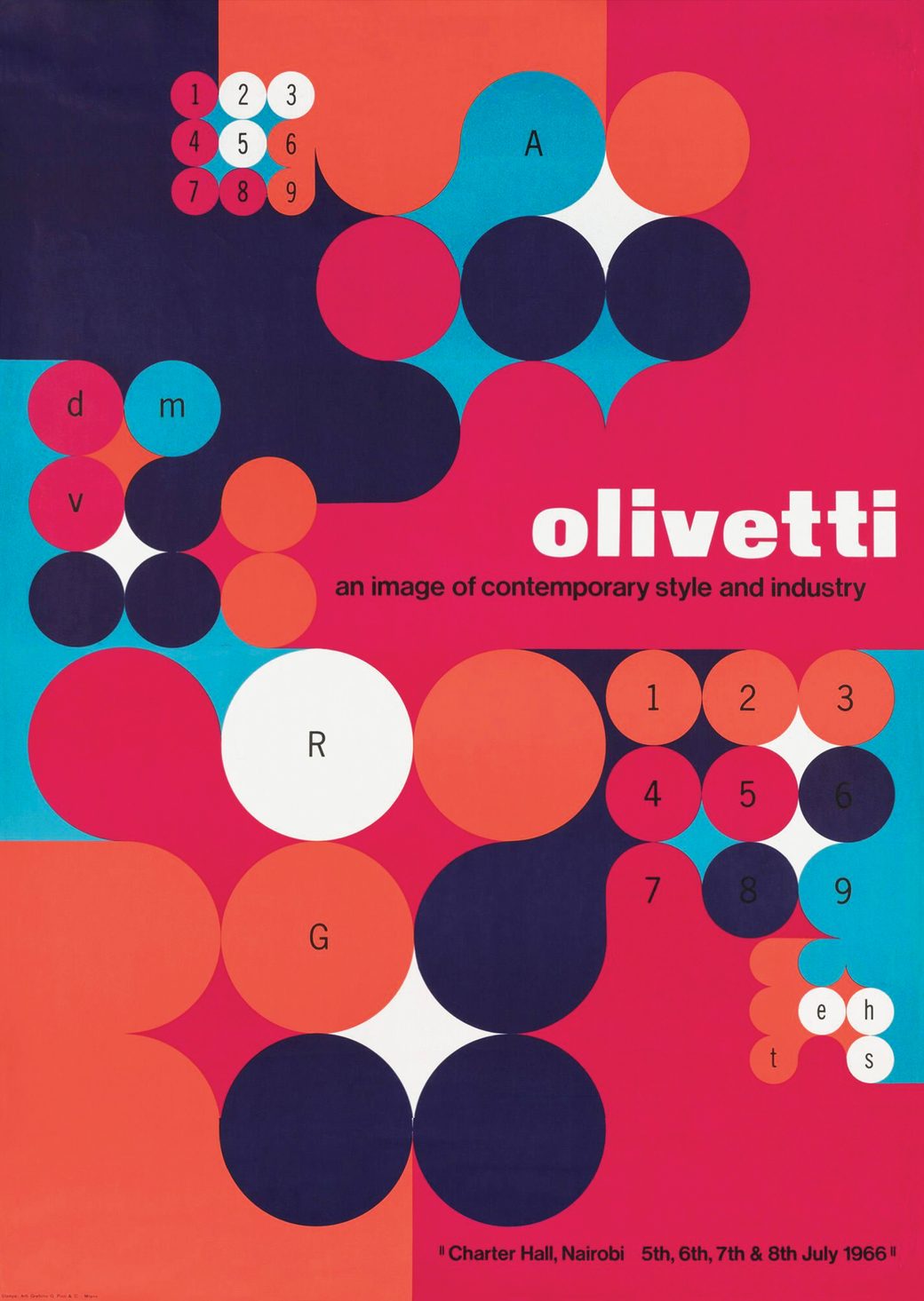 Anna Monika Jost's 1966 Olivetti exhibition poster, overlapping circles in red, pink, blue, and navy around a lowercase olivetti wordmark
