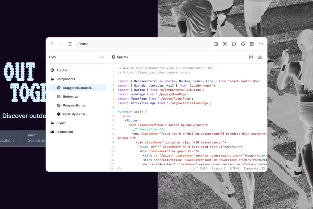 Figma's new code layers, with live code previewed on the canvas beside the static design