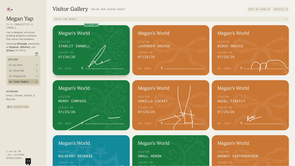 Megan Yap's visitor gallery, a grid of green and orange visitor cards issued to generated names like Starlit Inkwell and Lavender Orchid, each with a number, date, and hand-drawn signature