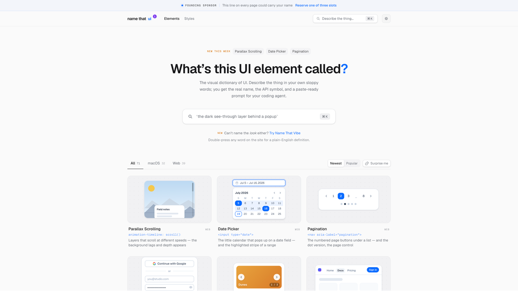 Name That UI's homepage asking what's this UI element called, with a search bar and cards for parallax scrolling, date picker, and pagination