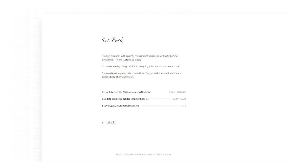 Sue Park's portfolio homepage, a handwritten name above three project listings with date ranges