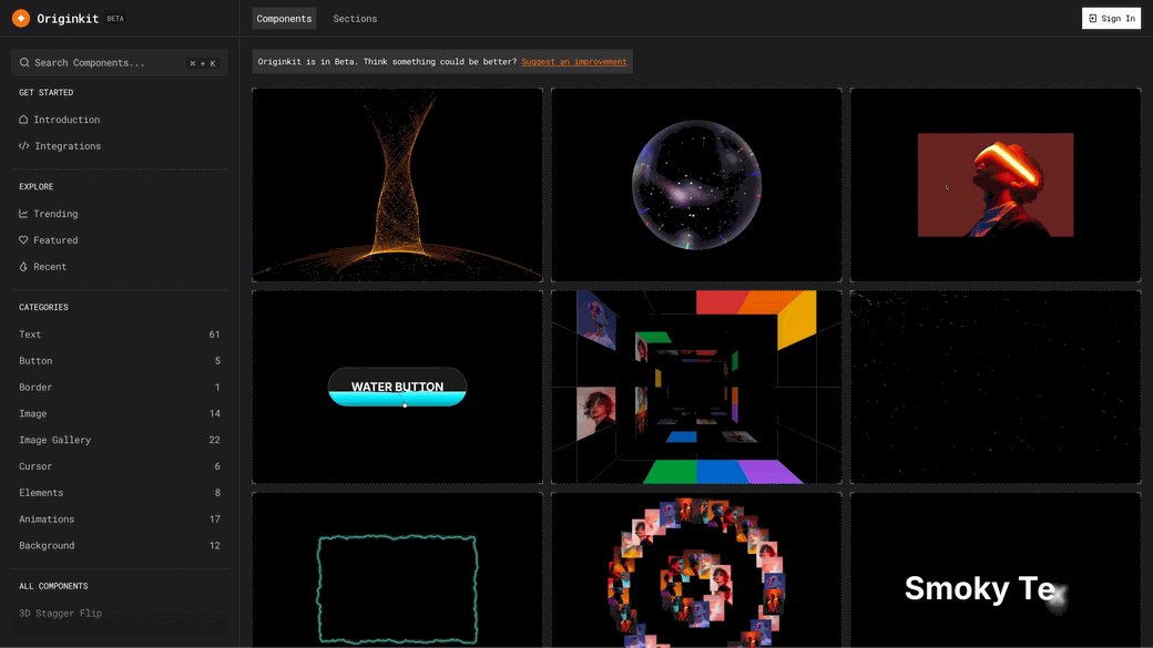 Originkit's component browser, a dark grid of animated interface components with categories listed in a sidebar