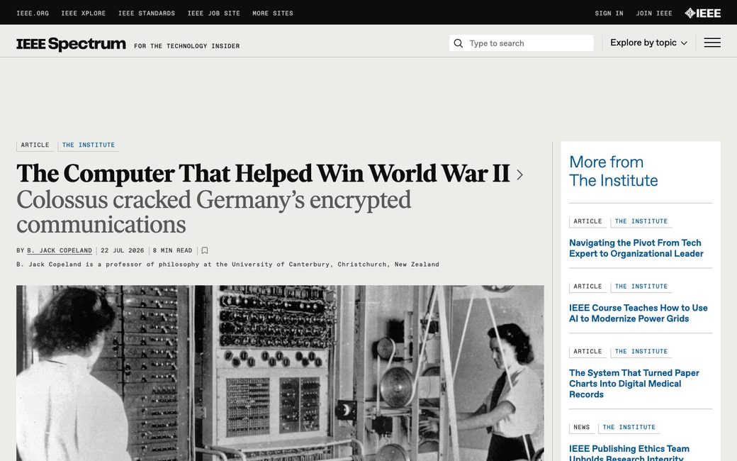IEEE Spectrum article on Colossus, showing the wartime codebreaking machine with its racks of valves