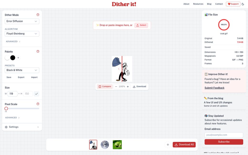 Dither It web interface showing an image being converted with a dithering algorithm