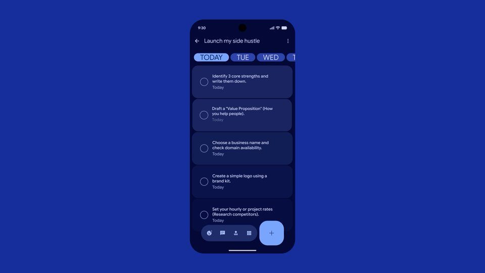 Google's Achieve app on a blue background, a todo list headed Launch my side hustle. The third item reads Choose a business name and check domain availability.