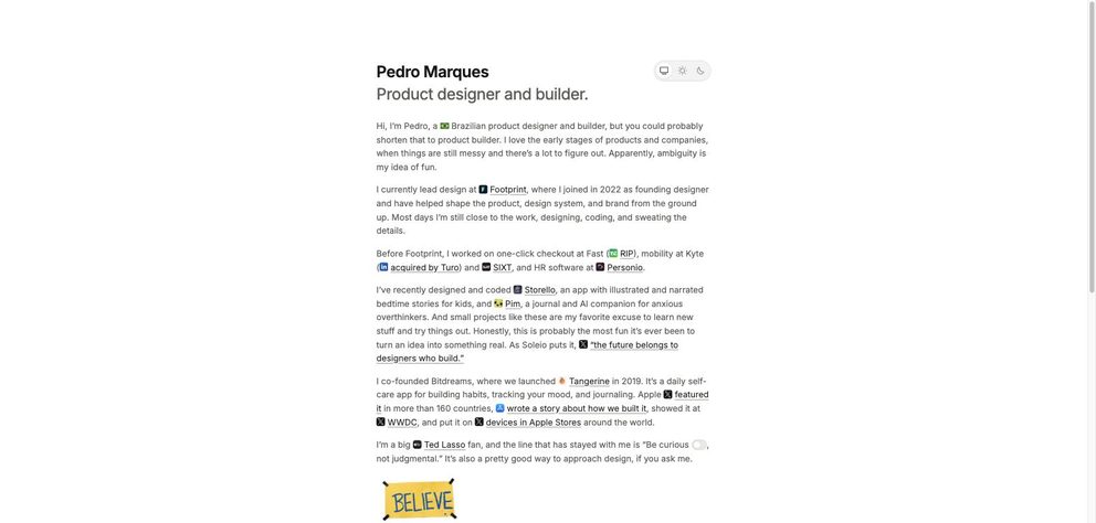 Pedro Marques's site: a single narrow column of prose under his name and the line Product designer and builder