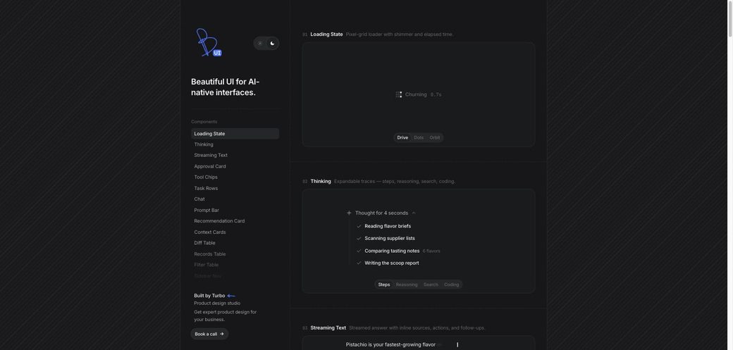 Beautiful UI component gallery in dark mode, showing a Loading State panel and an expandable Thinking trace reading Thought for 4 seconds