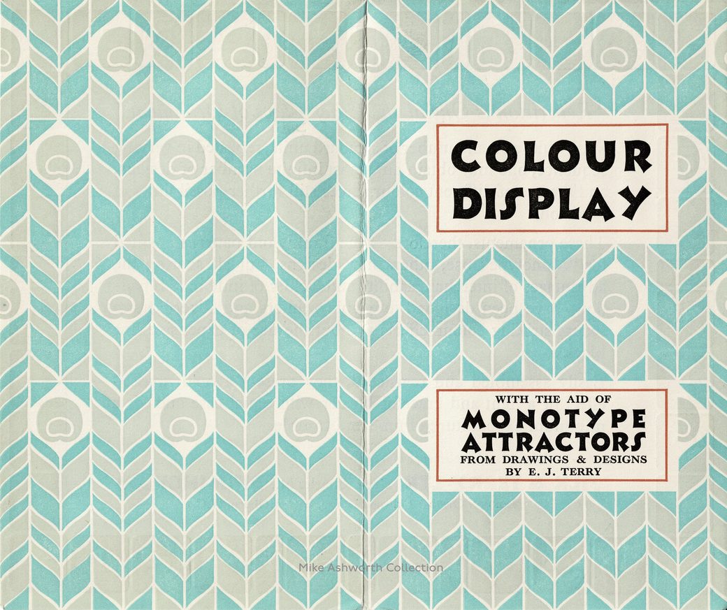 Colour Display leaflet cover, teal Monotype ornament pattern with the title in black lettering, 1955