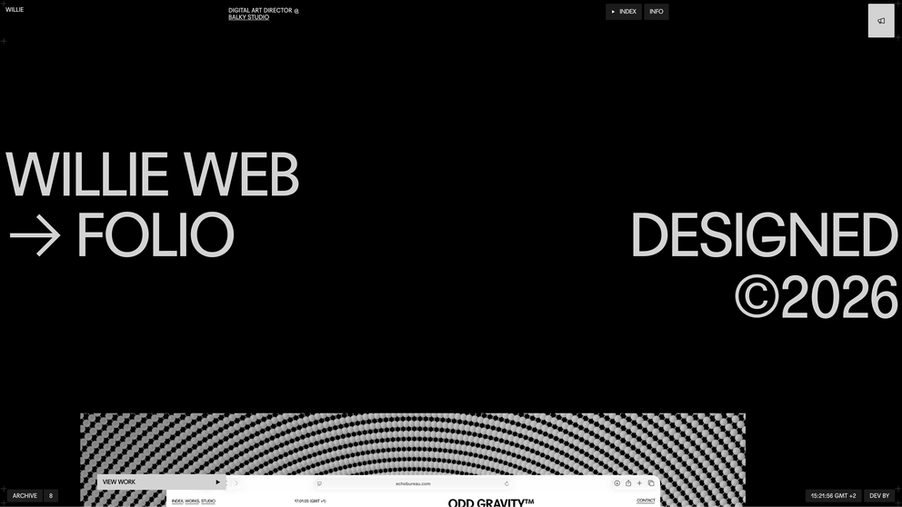 willie.works landing view: WILLIE WEB FOLIO DESIGNED 2026 in large gray type on black