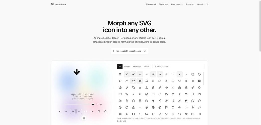 Morphicons homepage with an icon grid and a morphing playground showing an arrow mid-transition