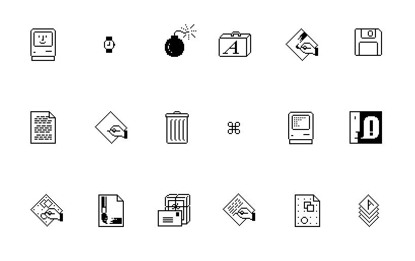 Eighteen original Macintosh icons drawn by Susan Kare, including the Happy Mac, the bomb, the trash can and the command symbol