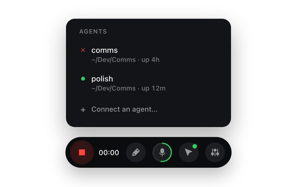 The Comms agents panel listing two connected agents, with the recording bar below it