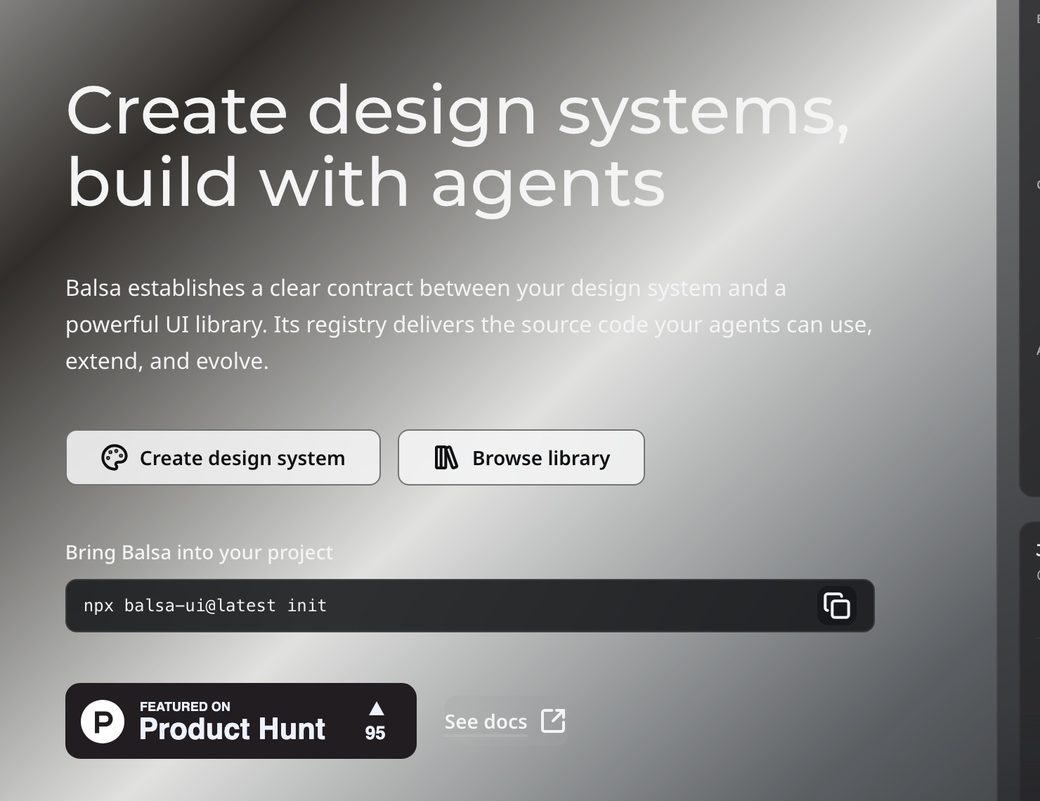 Balsa UI homepage, headline reading Create design systems, build with agents