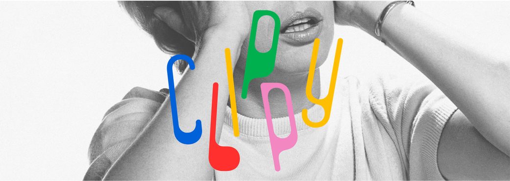Clippy by Kanon Foundry, the word Clippy set in five colours over a black and white photograph