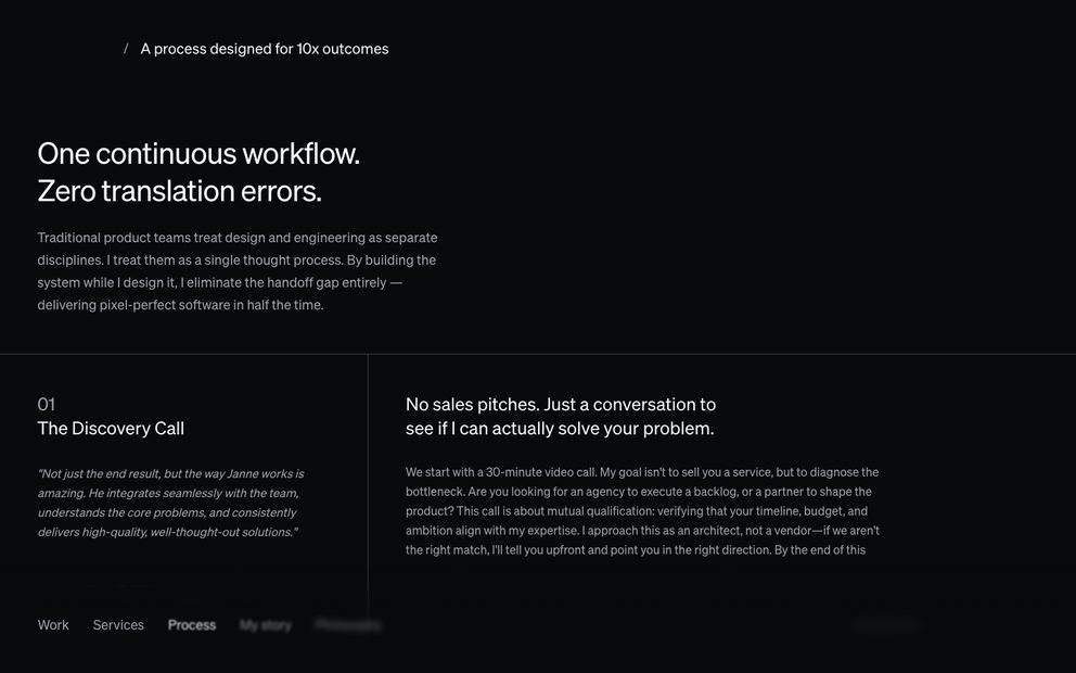 janne.me process page, step 01 The Discovery Call with a client quote from Joonas Tuompo beside it