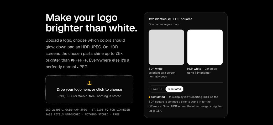 So Very Bright homepage, Make your logo brighter than white, with two white squares compared side by side