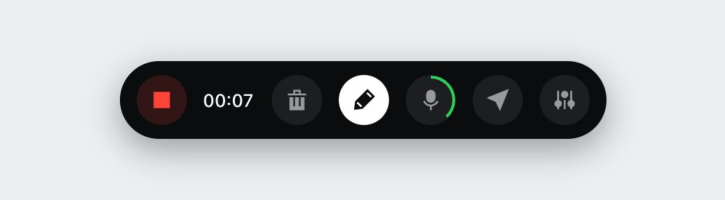 The Comms recording bar: a stop button, a timer at 00:07, and buttons for delete, pen, microphone, send and settings