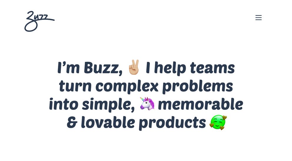 buzzusborne.com homepage, the Buzz signature above the line I'm Buzz, I help teams turn complex problems into simple, memorable and lovable products