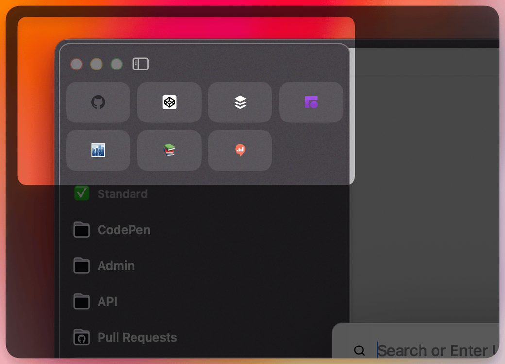 Chris Coyier's Arc sidebar: pinned tabs as icons at the top, above folders named Standard, CodePen, Admin, API and Pull Requests