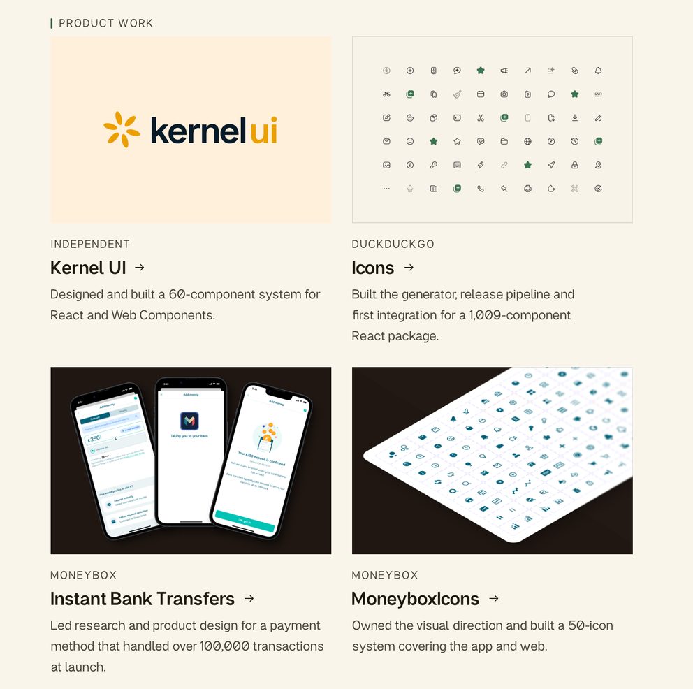 Karl Koch's work page: Kernel UI, DuckDuckGo Icons, Moneybox Instant Bank Transfers and Moneybox Icons, each with one line on the result
