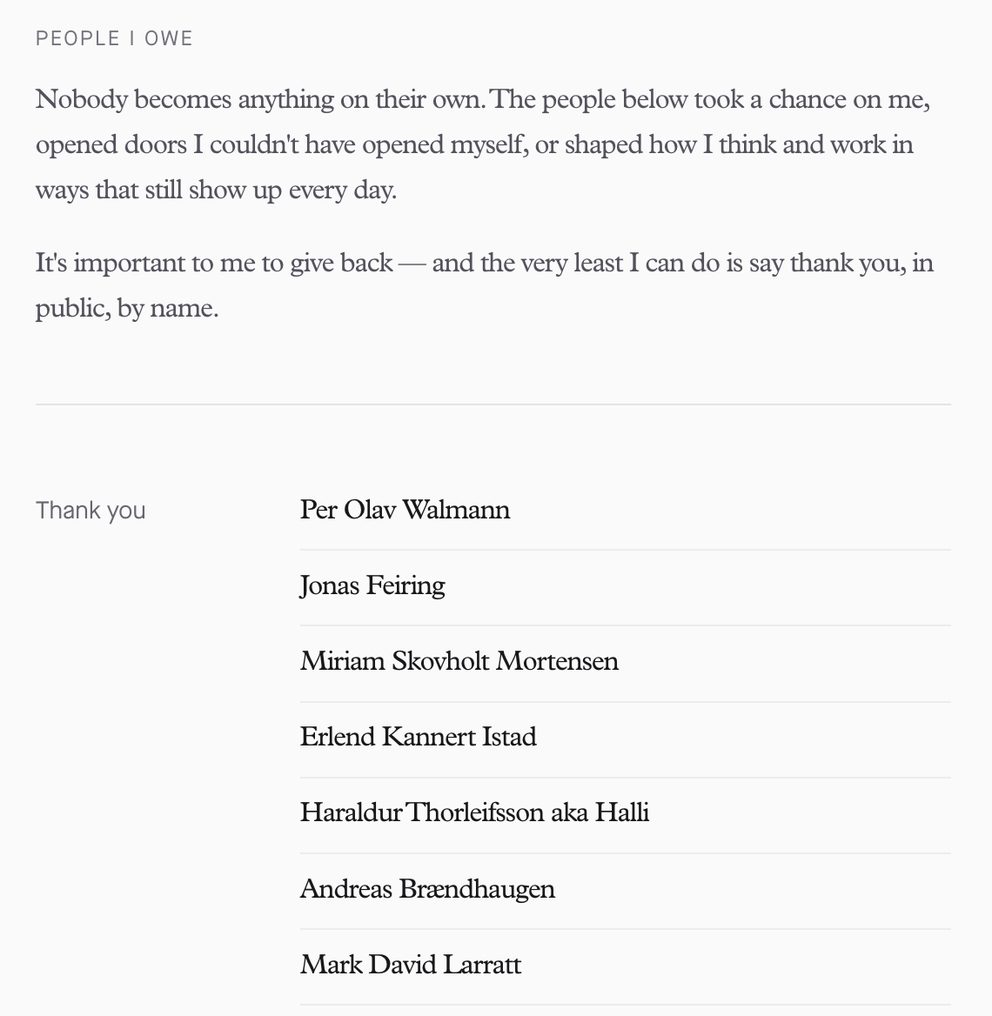 Anders Drage's People page: the heading People I owe, a note on saying thank you in public, by name, and a list of names starting with Per Olav Walmann