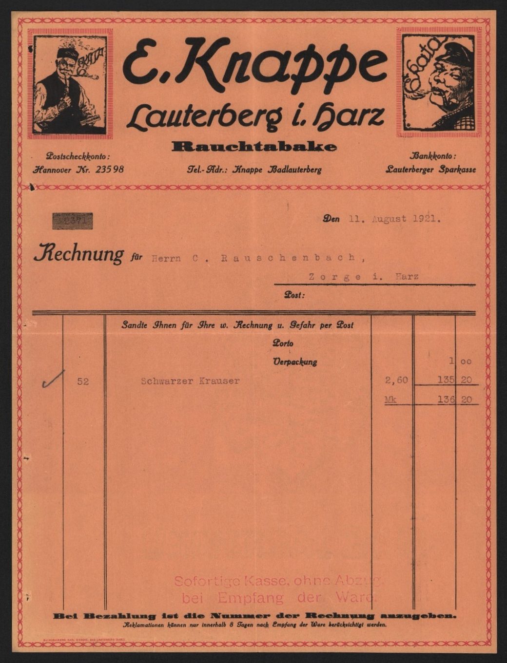 E. Knappe invoice from Lauterberg im Harz, dated 11 August 1921, on orange paper with the name in a black italic and woodcut vignettes of two men smoking pipes