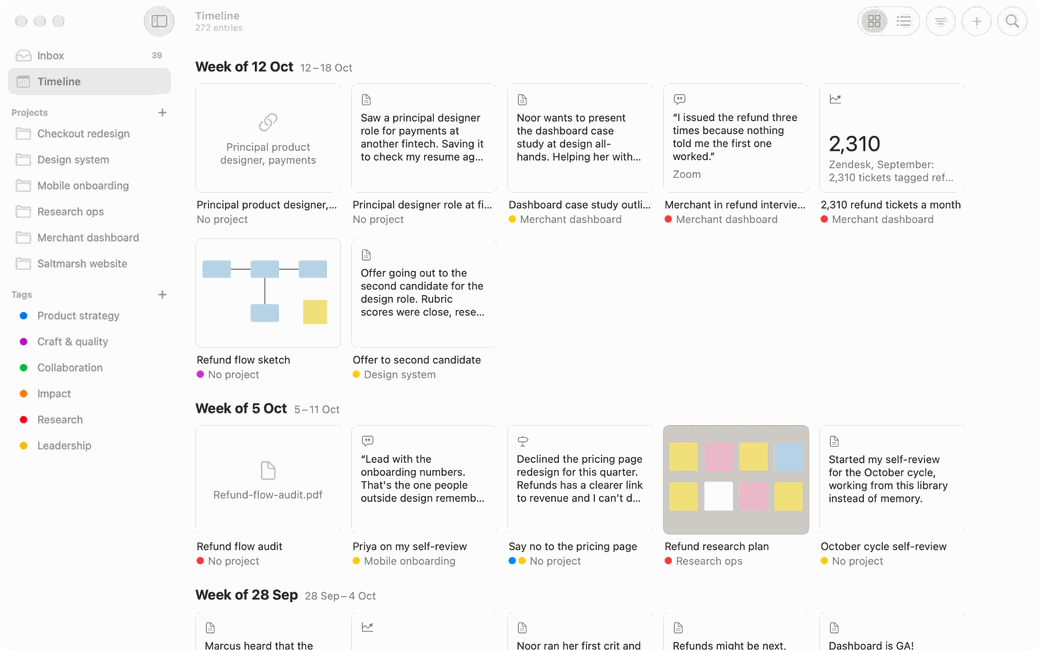 Caseful's Timeline: saved entries grouped by week, with projects and tags in the sidebar